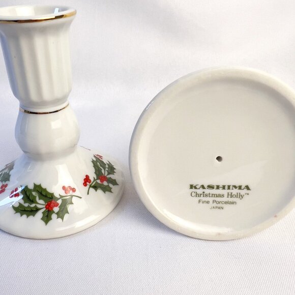 Kashima Vintage Christmas Holly Candleholders 1960s Porcelain Gold Trim Japan - Picture 4 of 7